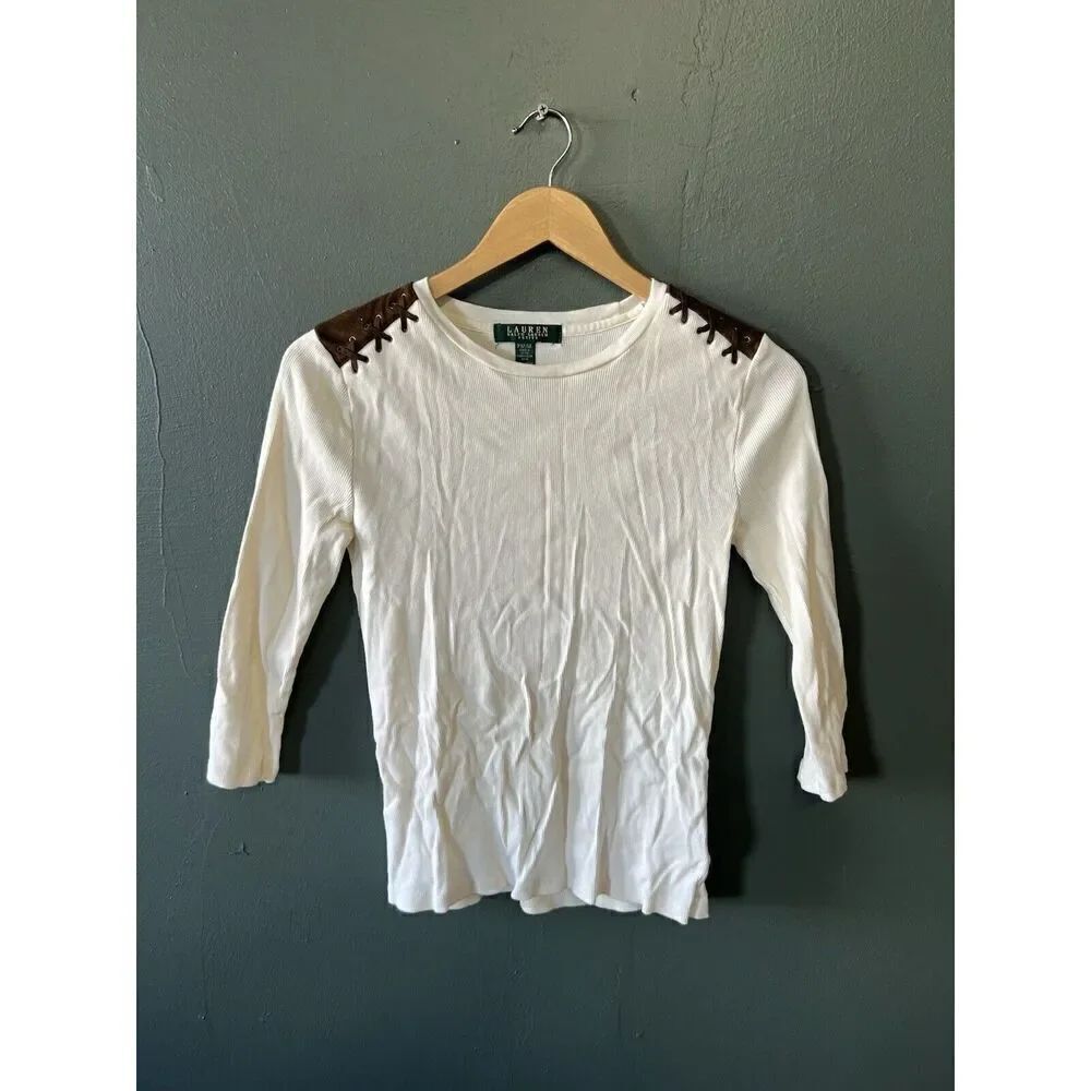 Ralph Lauren Petite M Beige Rib Knit Top Leather Zipper Shoulders